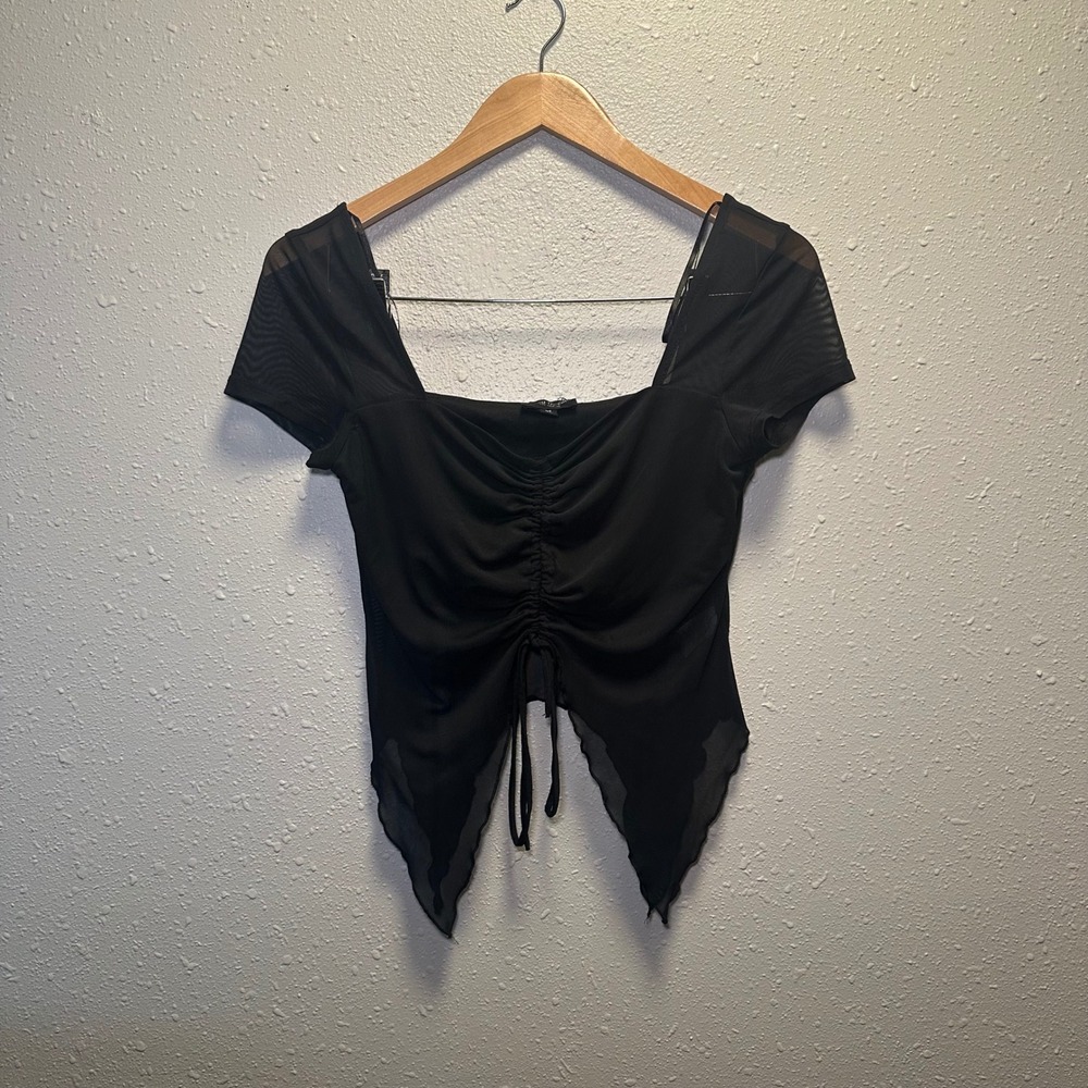 Y2K Fairy Coquette Grunge Sheer Top Womens M Black Mesh Ruched Babydoll Whimsy